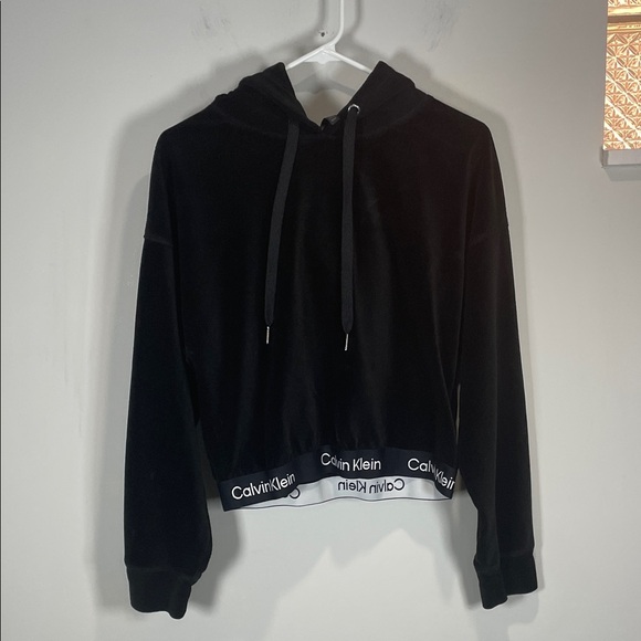 Calvin Klein Women's Black Velvet Performance Hoodie with Logo Hem - Picture 2 of 9